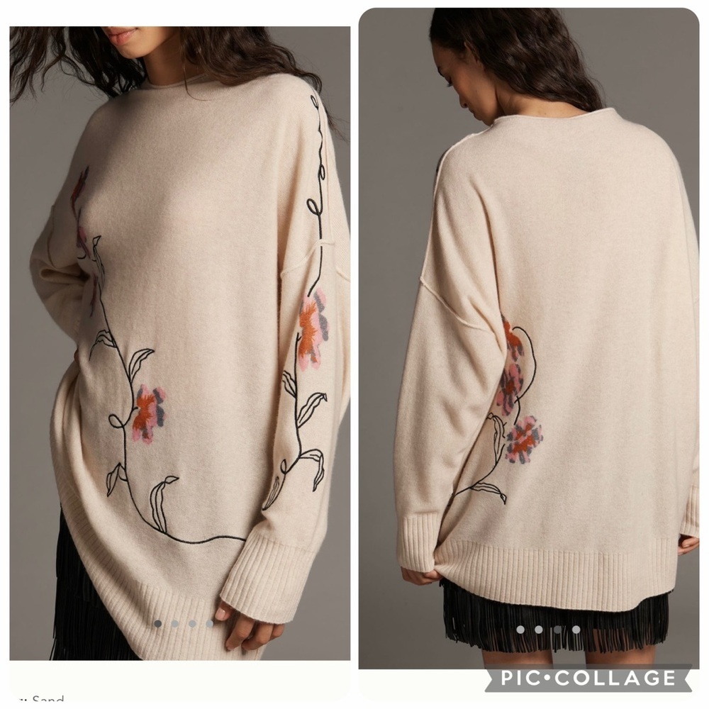 NWT new SP small Anthropologie cashmere sweater long floral embroidered beige